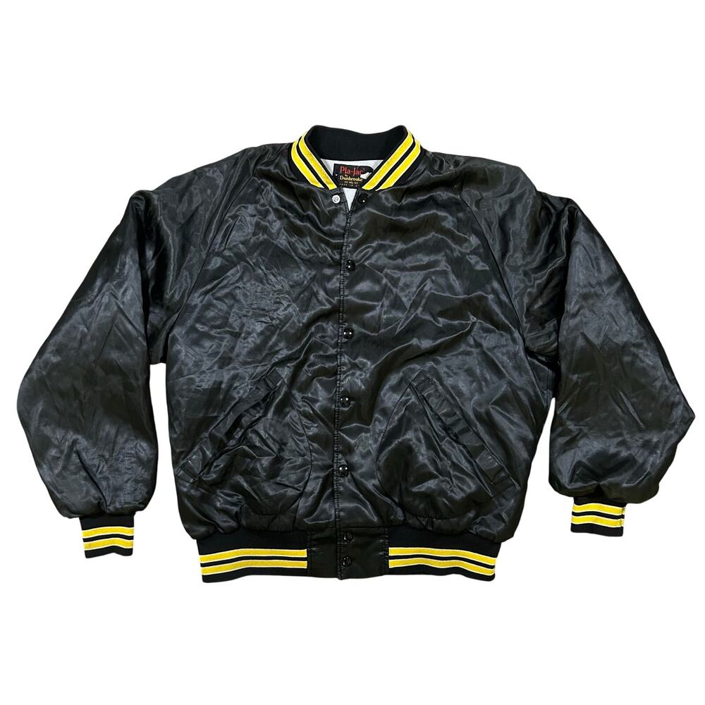 Vintage Satin Bomber Jacket Mens XL Pittsburg Black Yellow Dunbrooke 80s USA